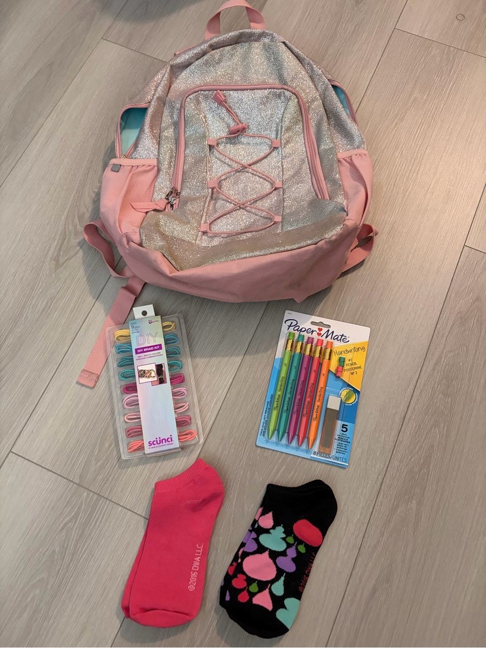 Pink Glitter Kids Backpack with Front Pocket and Bungee Detail